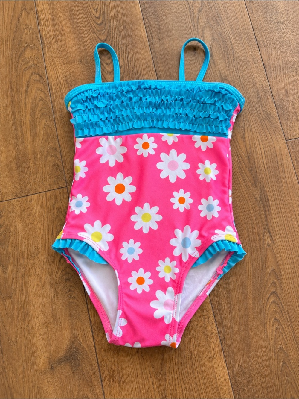 Girls Pink Daisy One-Piece Swimsuit with Teal Trim Jump’N Splash